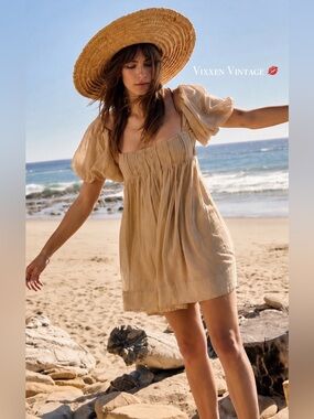 FREE PEOPLE PUFF SLEEVE BABYDOLL 'MARINA MINI DRESS' IN MYSTIC GOLD